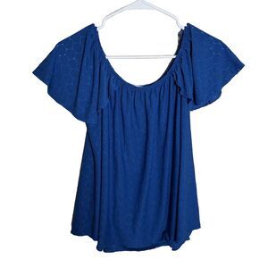 Kim & Cami Blouse Women's Small Blue Eyelet Round Neck Short Sleeve Ruffle Top